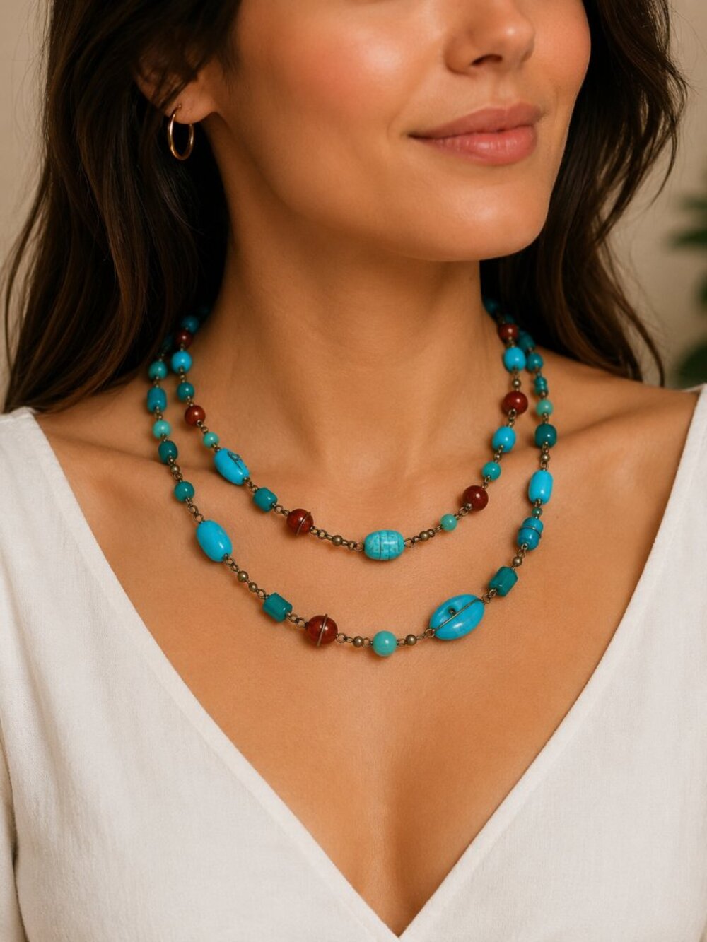 Long Double-Wrap Beaded Necklace – Turquoise & Brown Accent Beads